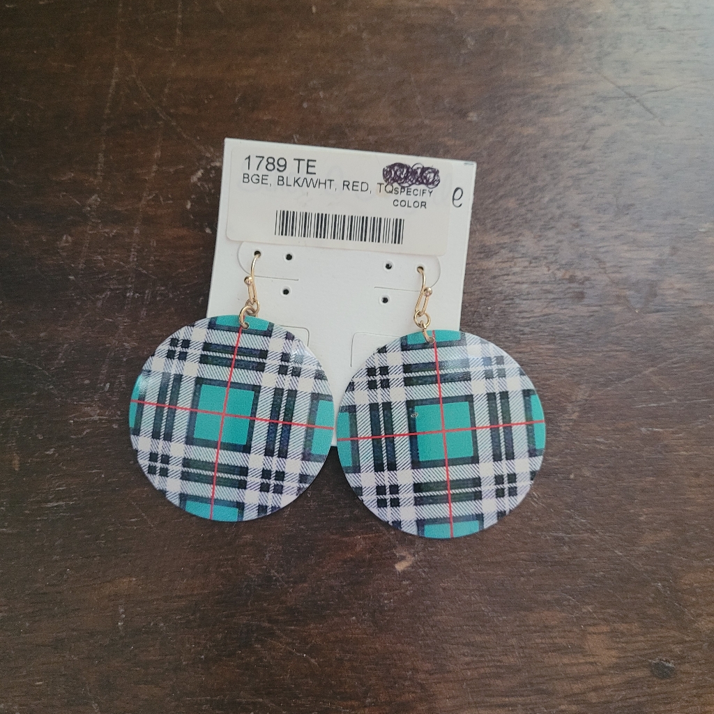 New Teal, White, Grey, & Red Plaid Metal Earrings